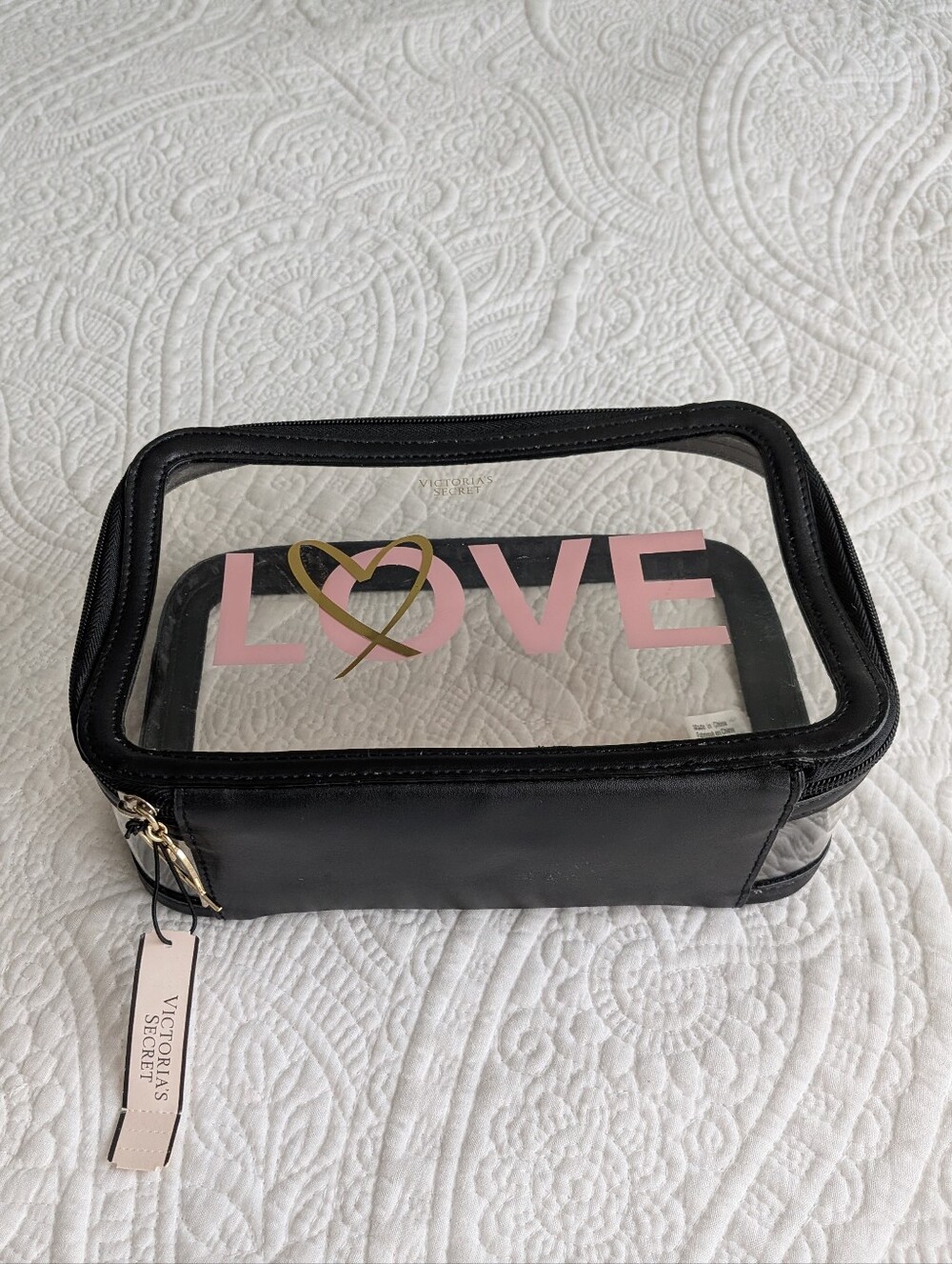 Victoria's Secret Black Clear Cosmetic Pouch with Pink 'LOVE' and Gold Heart